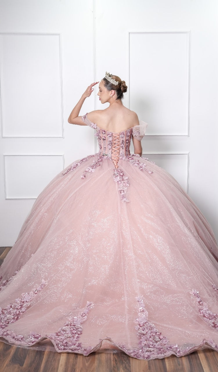 Vestido de XV Años Rosa Blush Mangas Caidas