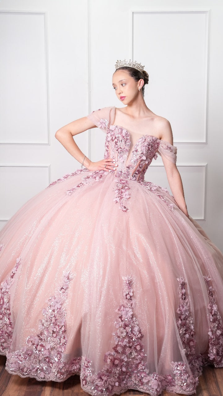 Vestido de XV Años Rosa Blush Mangas Caidas