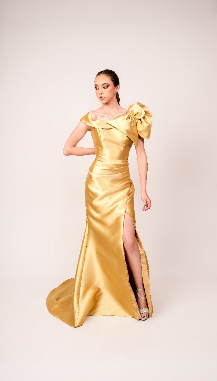 Vestido Amarillo Mostaza Moño En Tirante Grapeado