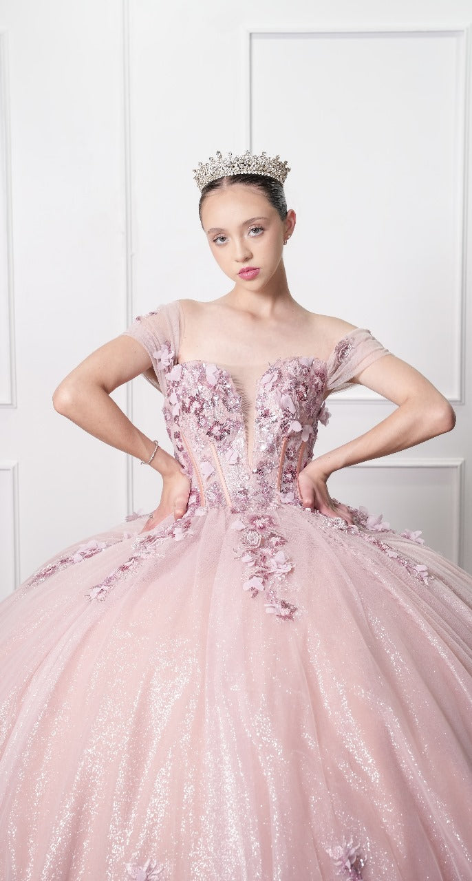 Vestido de XV Años Rosa Blush Mangas Caidas