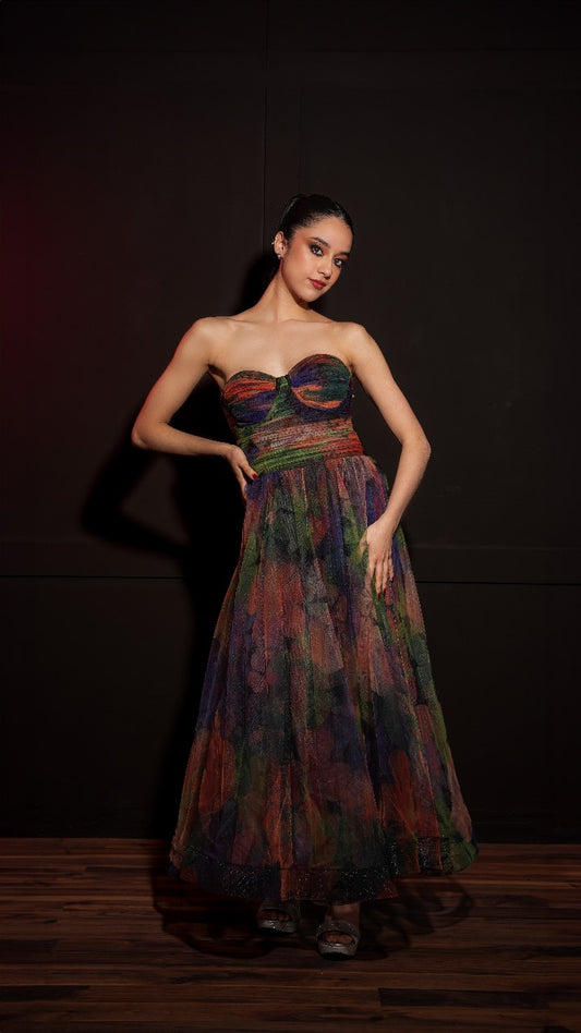 Vestido Multicolor Straple Corte Princesa Midi