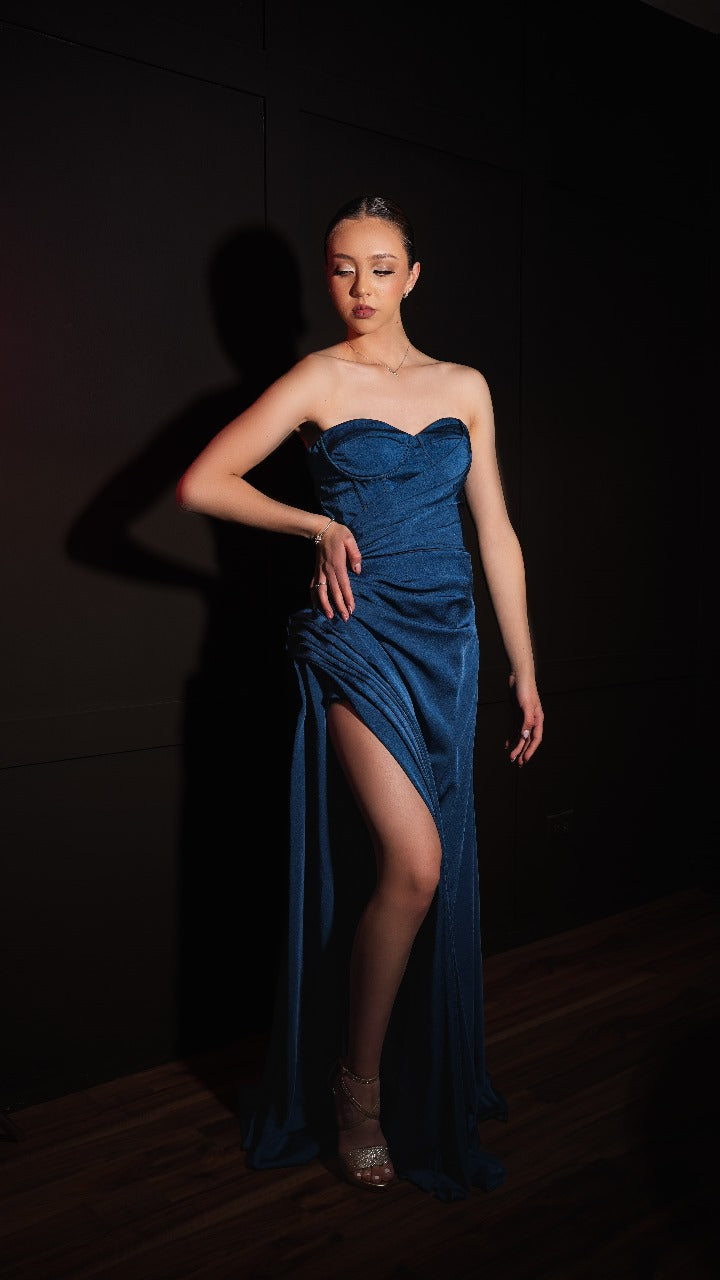 Vestido Azul Petroleo Straple Grapeado