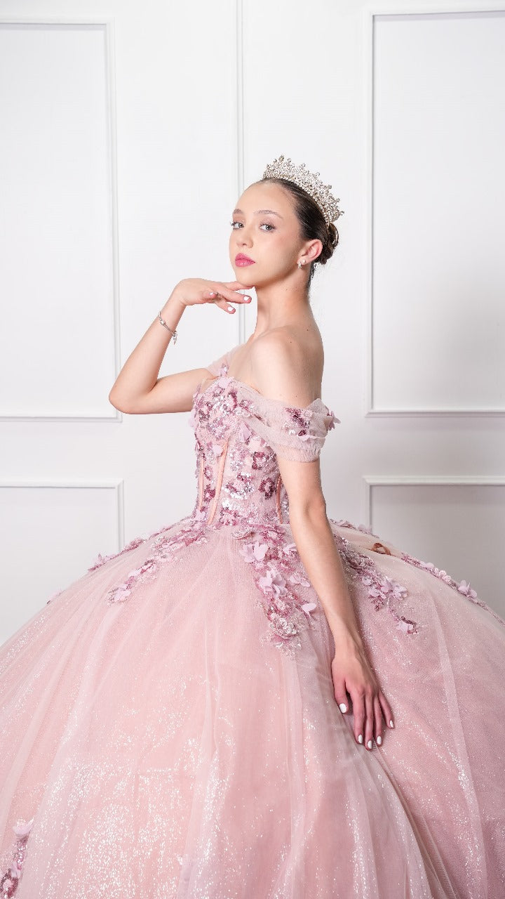 Vestido de XV Años Rosa Blush Mangas Caidas