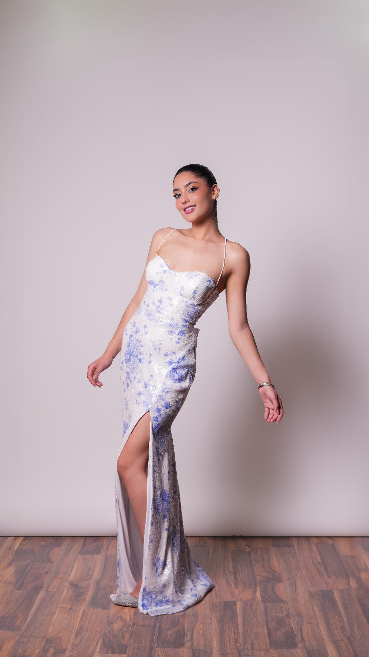 Vestido Blanco con estampado azul de corset