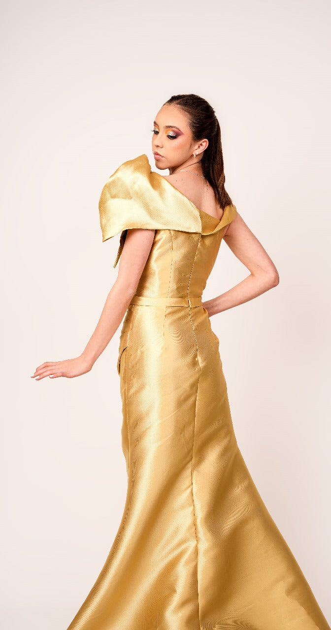 Vestido Amarillo Mostaza Moño En Tirante Grapeado