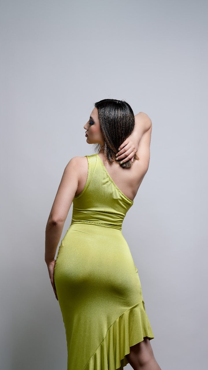 Vestido Verde Lima Midi de un Tirante con Olan