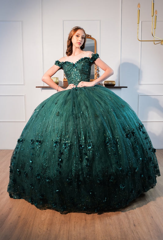 Vestido de XV Años Verde Esmeralda Con Flores Bordadas Manga Campesina