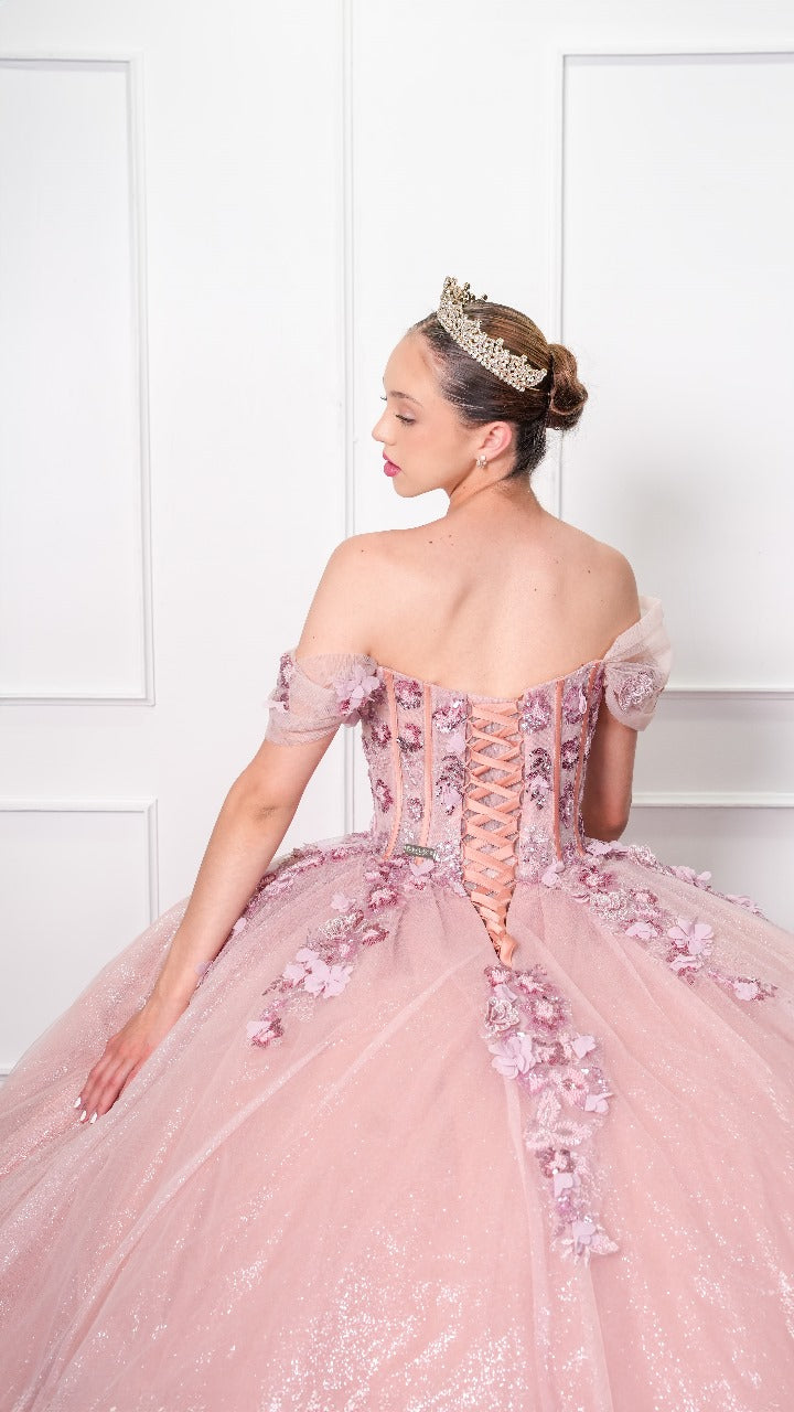 Vestido de XV Años Rosa Blush Mangas Caidas