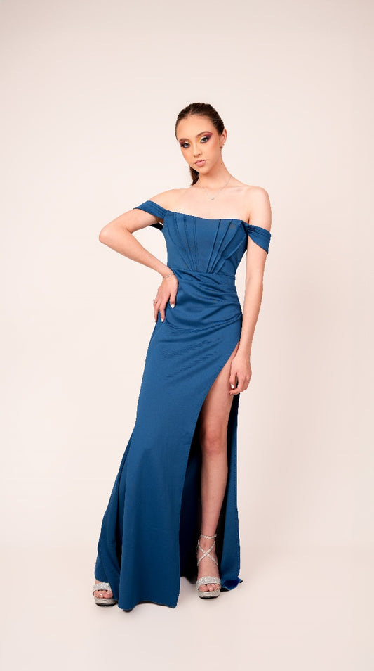 Vestido Azul Petroleo Corset De Zipper Mangas Caidas