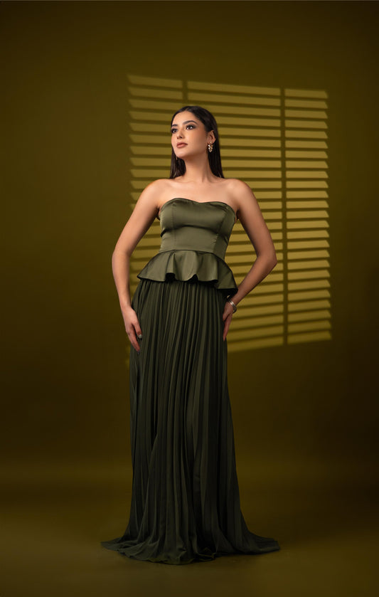 Vestido Verde Olivo Corset Straple Falda De Tablones