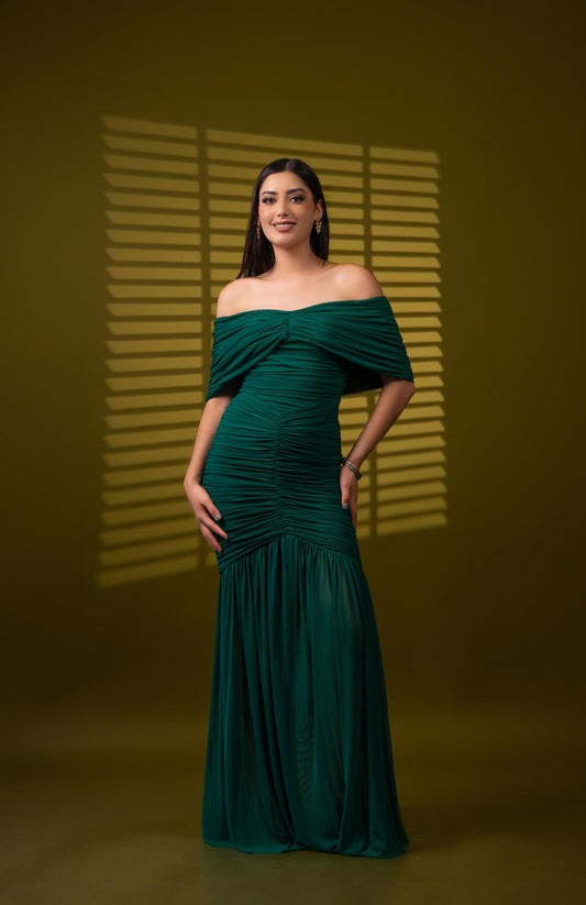 Vestido Verde Manga Campesina Corrugado