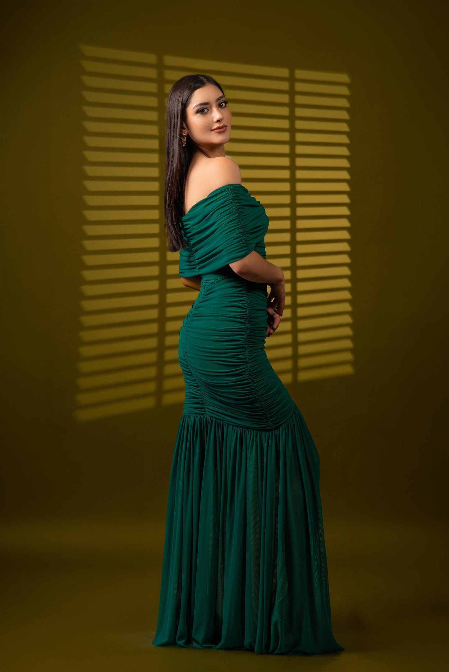 Vestido Verde Manga Campesina Corrugado