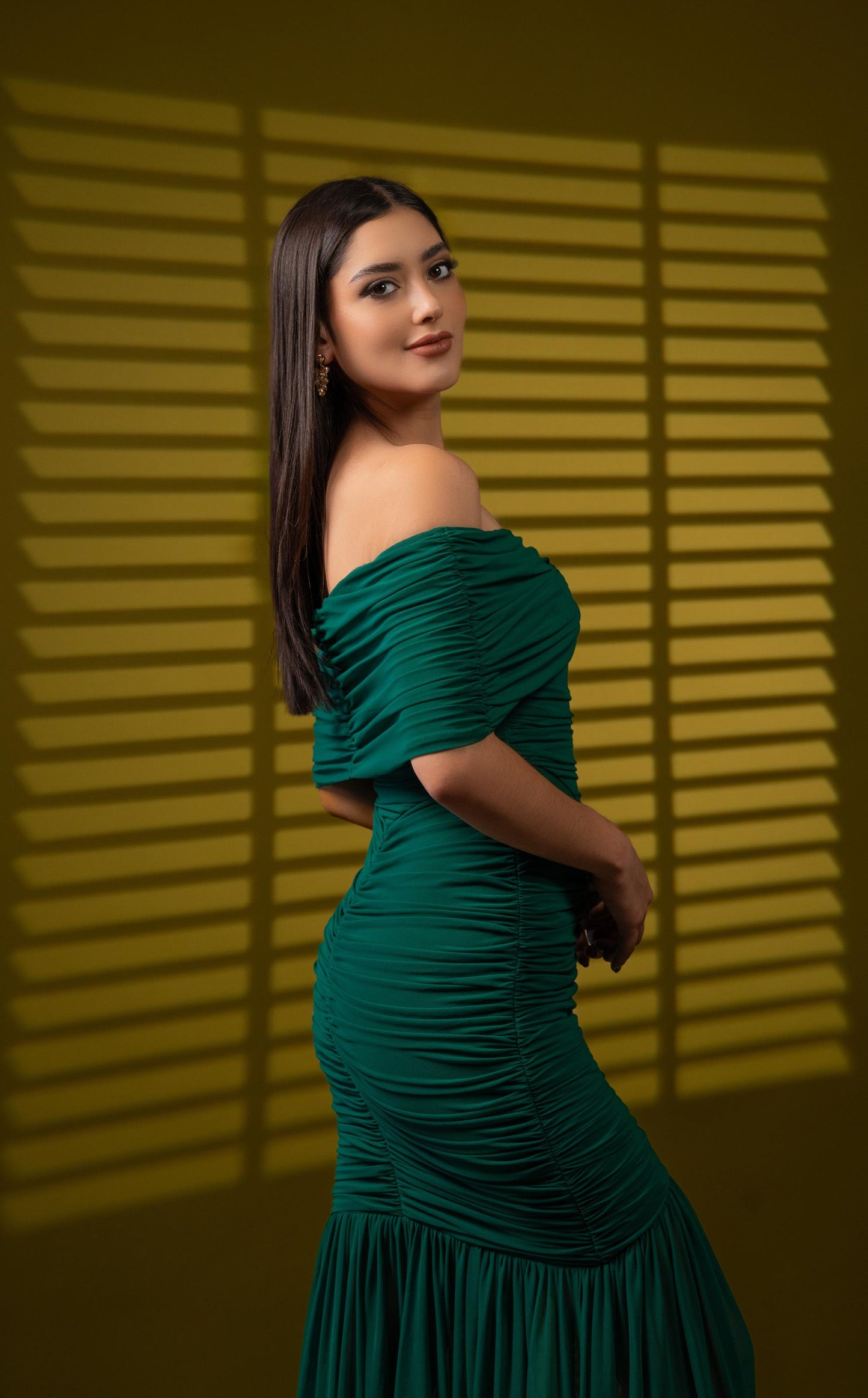 Vestido Verde Manga Campesina Corrugado