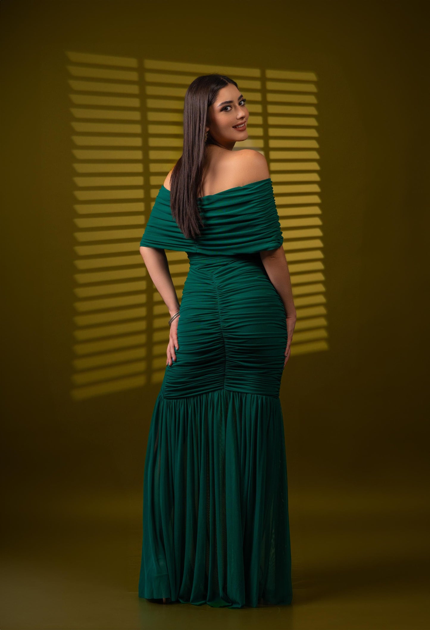 Vestido Verde Manga Campesina Corrugado
