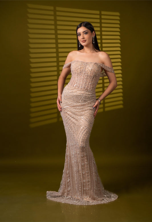 Vestido Beige Lentejuela Manga Caida