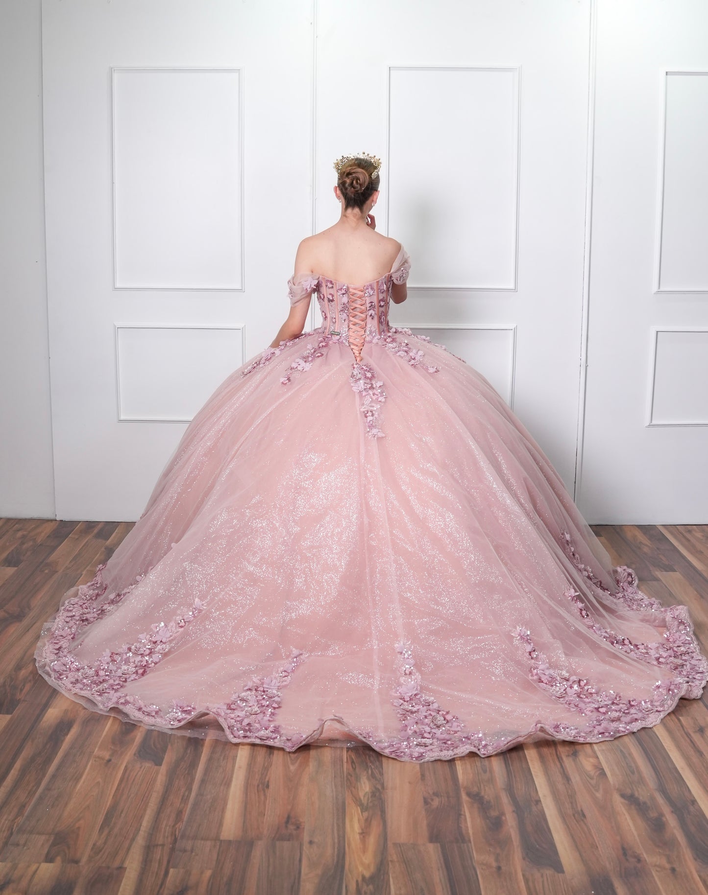 Vestido de XV Años Rosa Blush Mangas Caidas