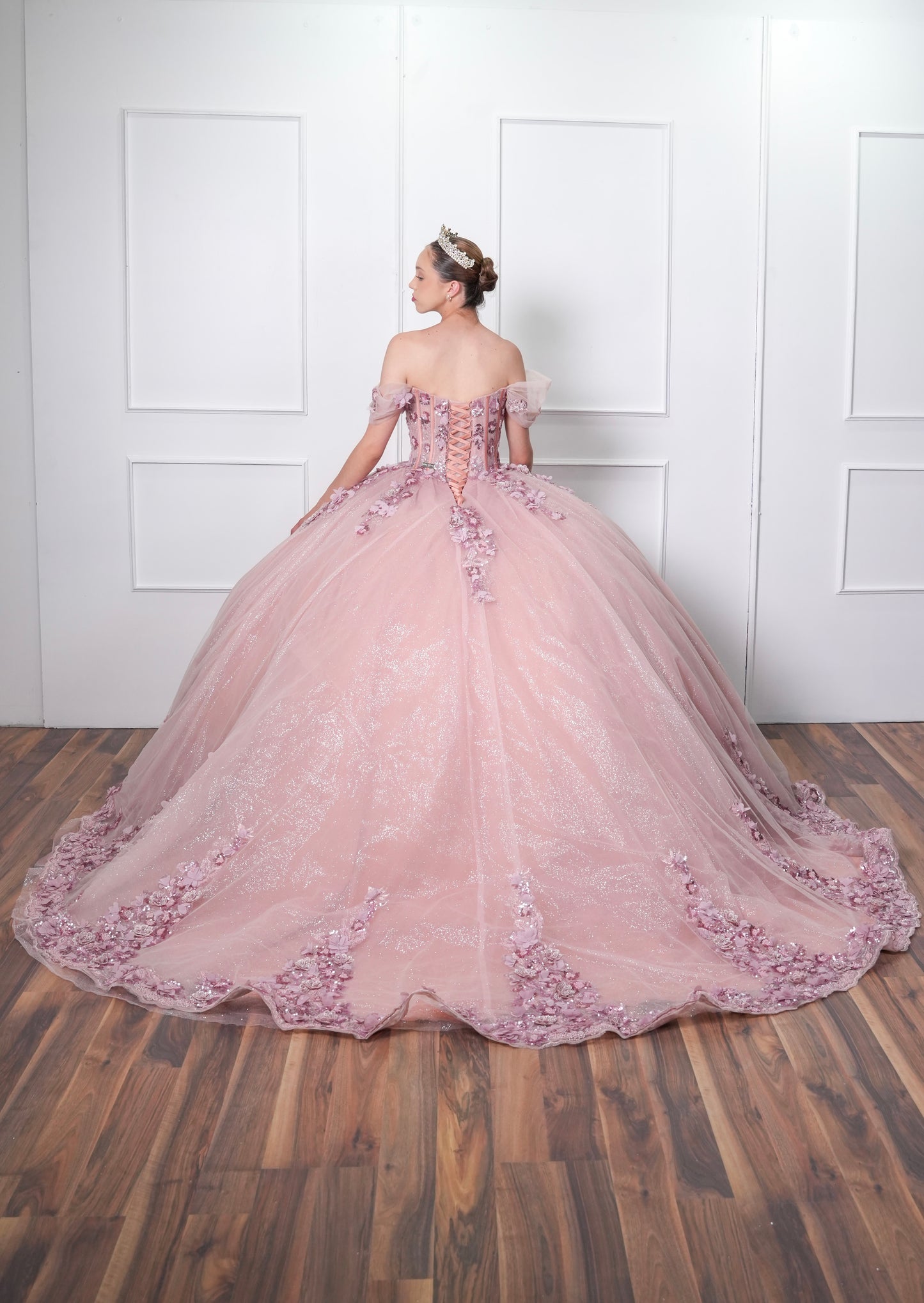 Vestido de XV Años Rosa Blush Mangas Caidas