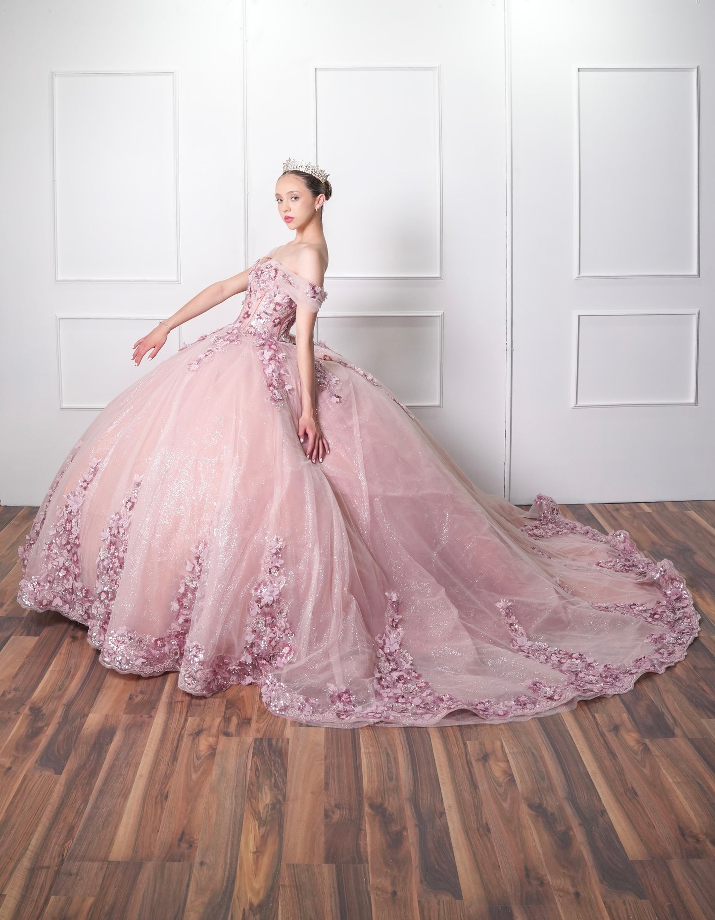 Vestido de XV Años Rosa Blush Mangas Caidas