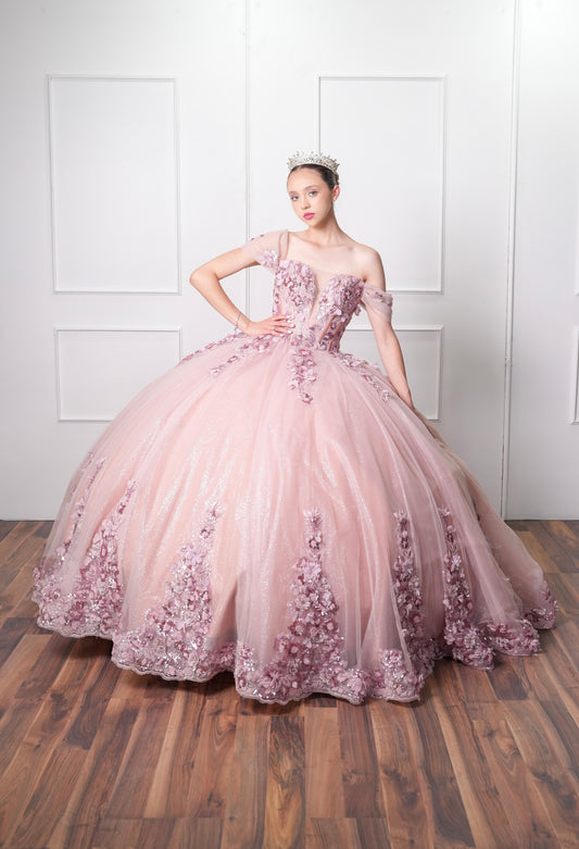 Vestido de XV Años Rosa Blush Mangas Caidas