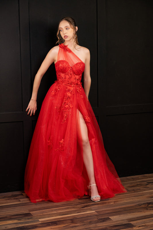 Vestido Rojo Un Tirante Corset De Ziper Con Flores