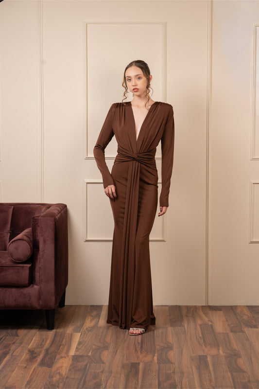 Vestido Cafe Manga Larga Corrugado En Cintura