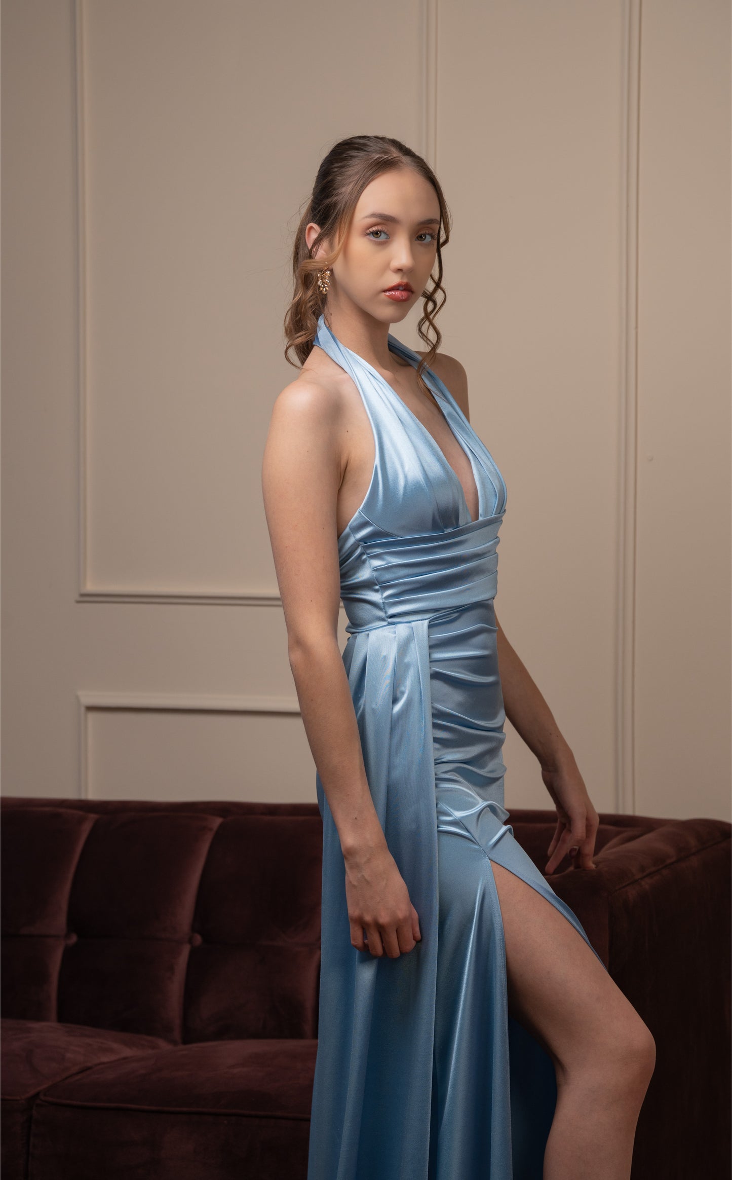 Vestido Azul Cielo Cuello Halter Y Banda