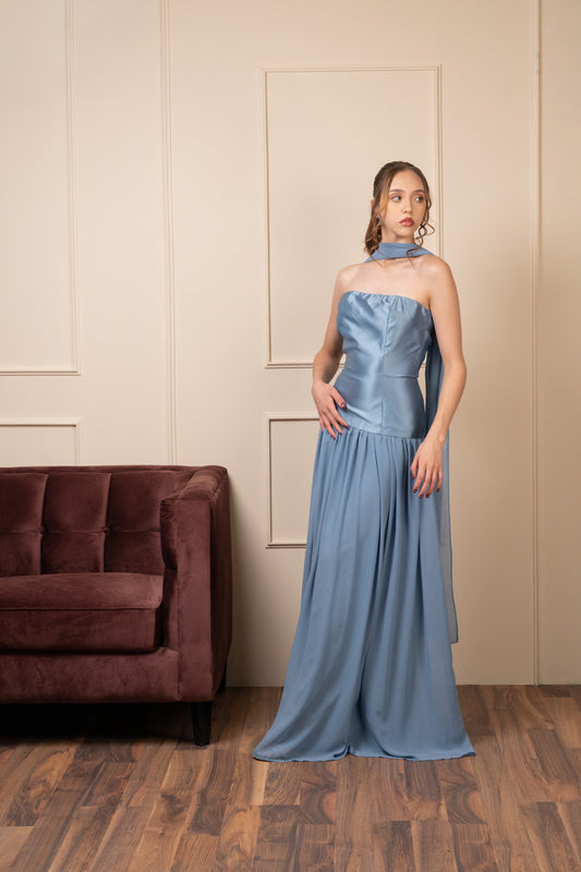 Vestido Azul Cielo Straple Corset Con Olan