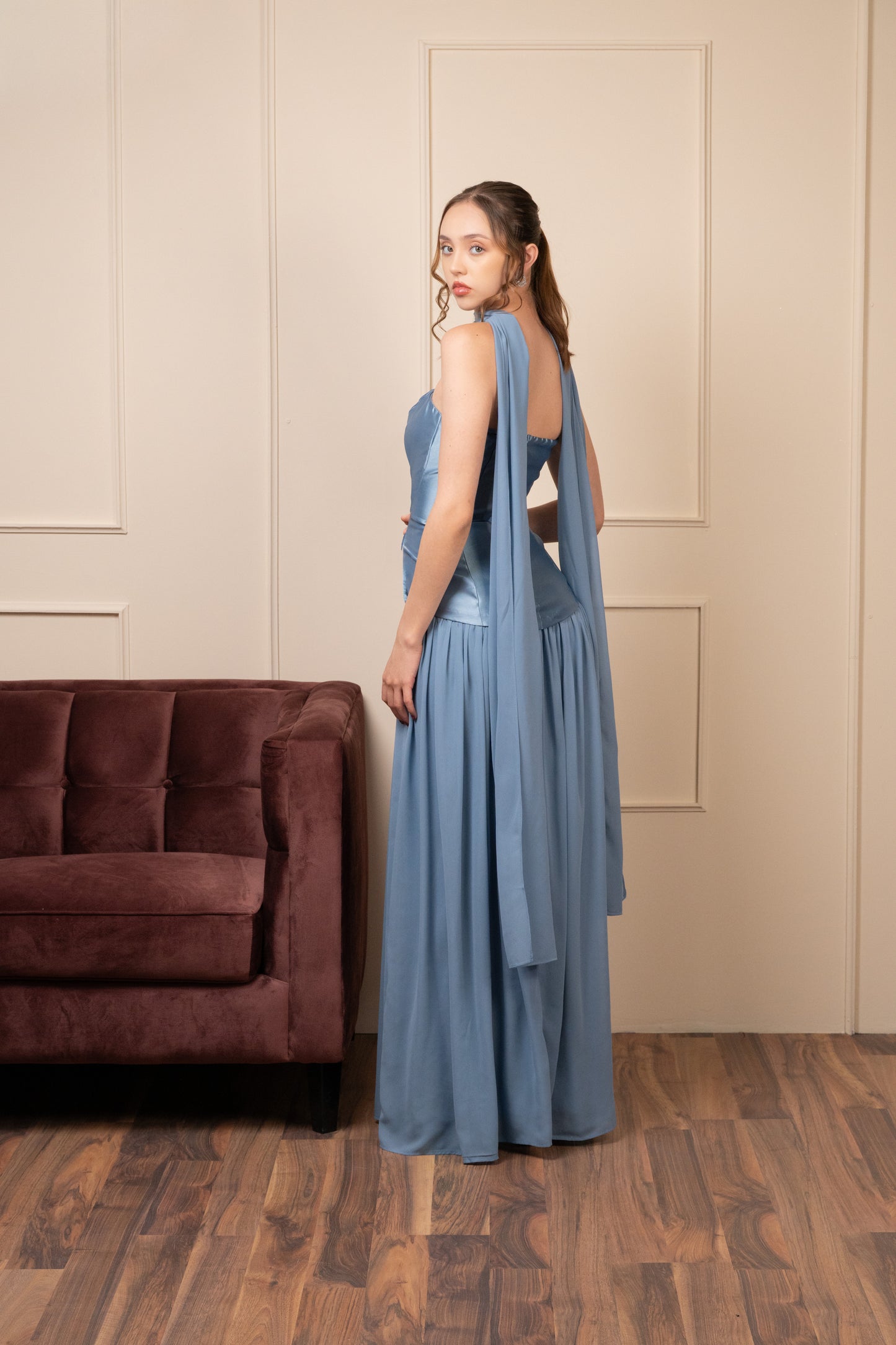 Vestido Azul Cielo Straple Corset Con Olan