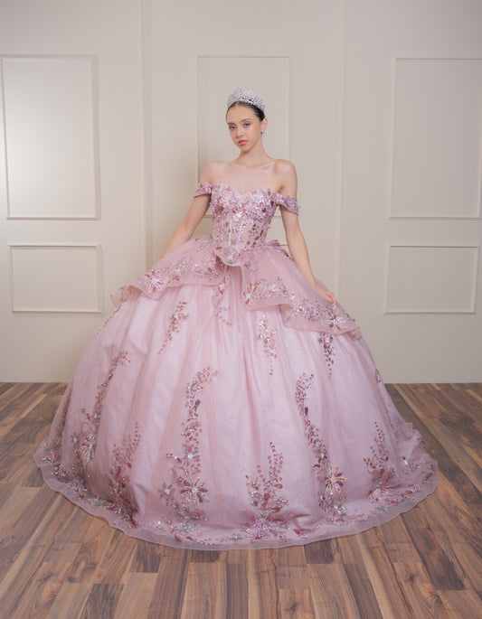 Vestido de XV Años Rosa Mauve Flores Y Pedrería en Pecho Mangas Campesinas