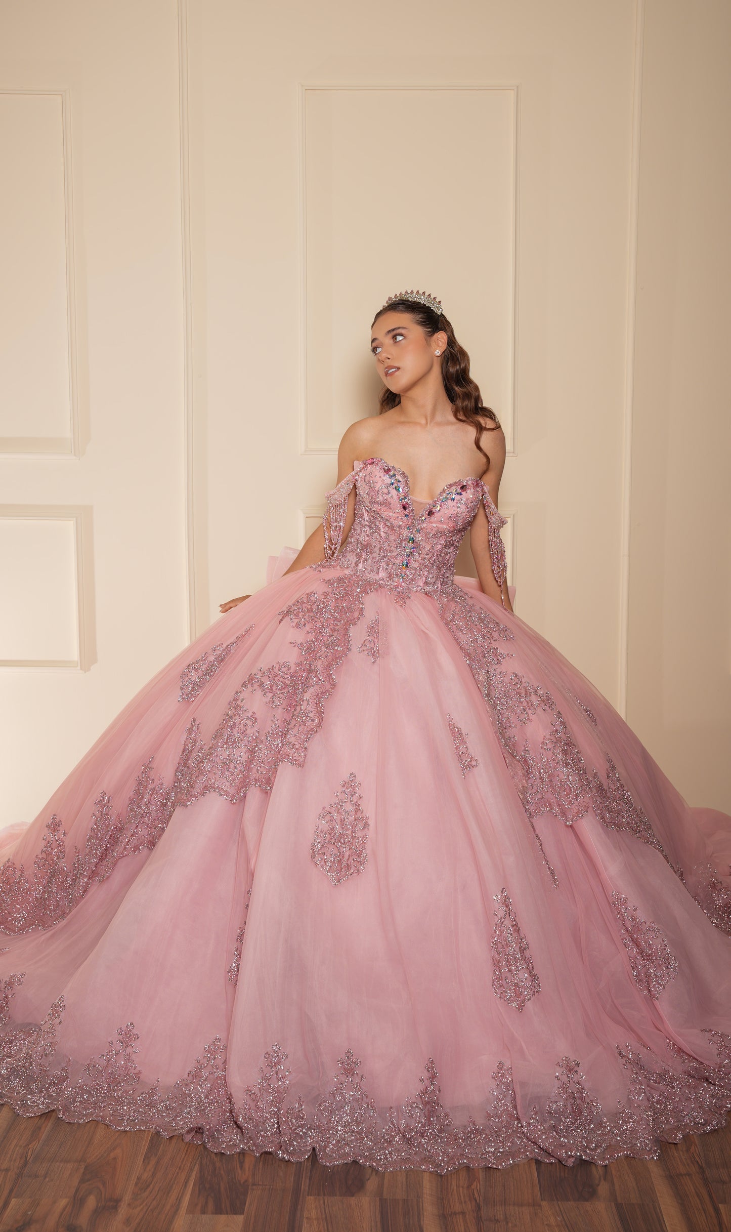 Vestido de XV Años Rosa Blush Con Glitter Plata y Moño Matte