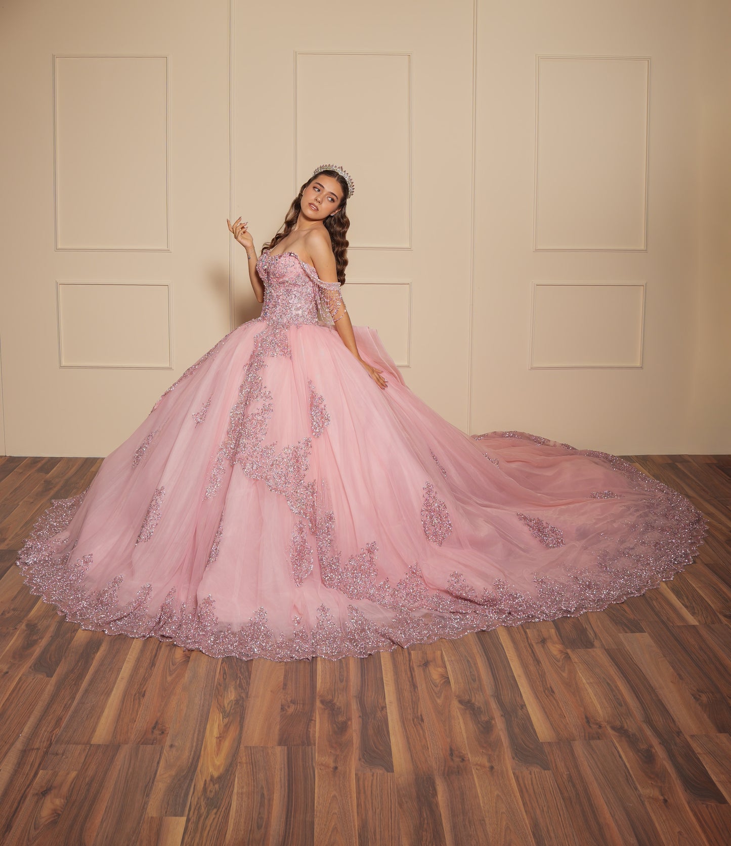 Vestido de XV Años Rosa Blush Con Glitter Plata y Moño Matte