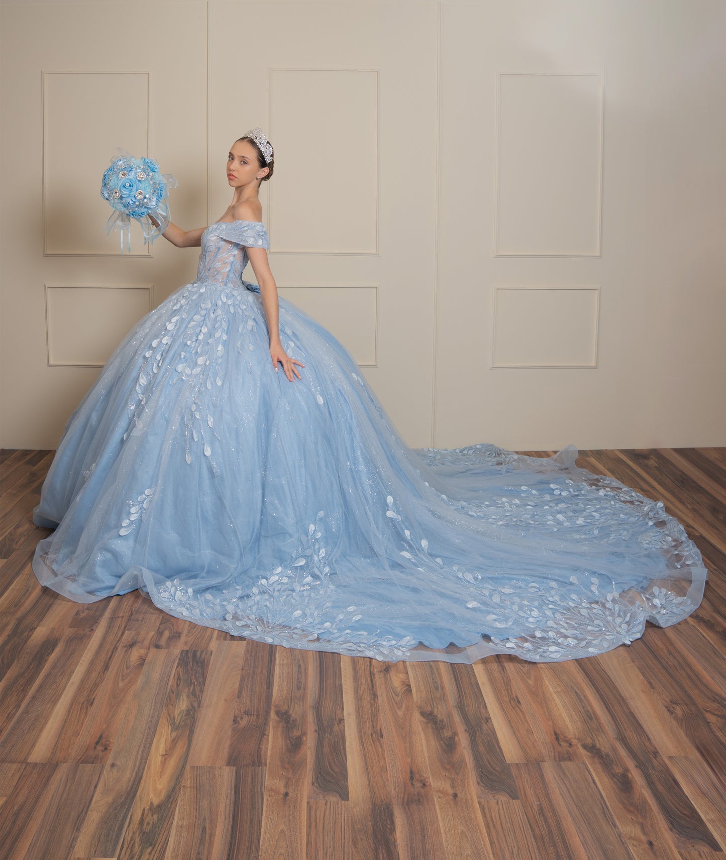 Vestido de XV Años Azul Baby Con Hojas Plateadas Mangas Campesinas