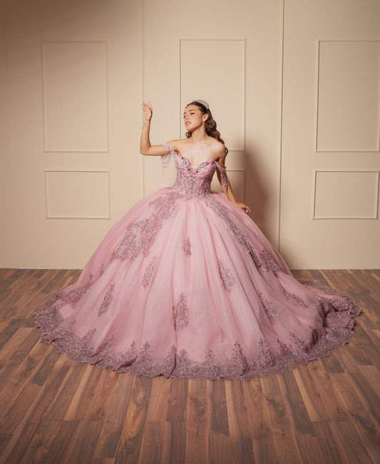 Vestido de XV Años Rosa Blush Con Glitter Plata y Moño Matte