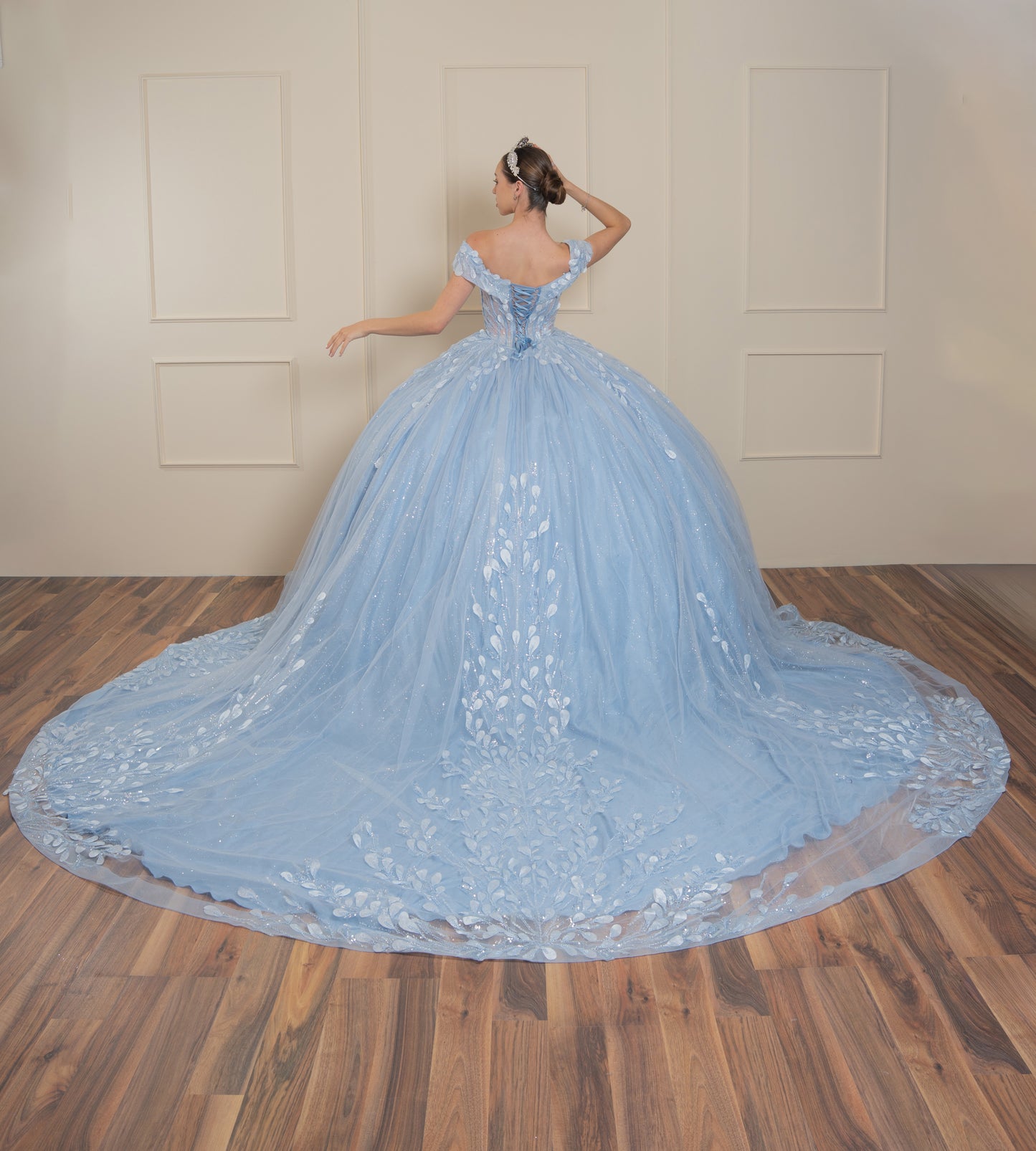 Vestido de XV Años Azul Baby Con Hojas Plateadas Mangas Campesinas