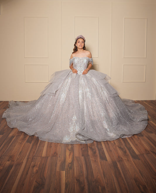 Vestido de XV Años Plateado con Pedrería y Cadenas en Mangas Caídas