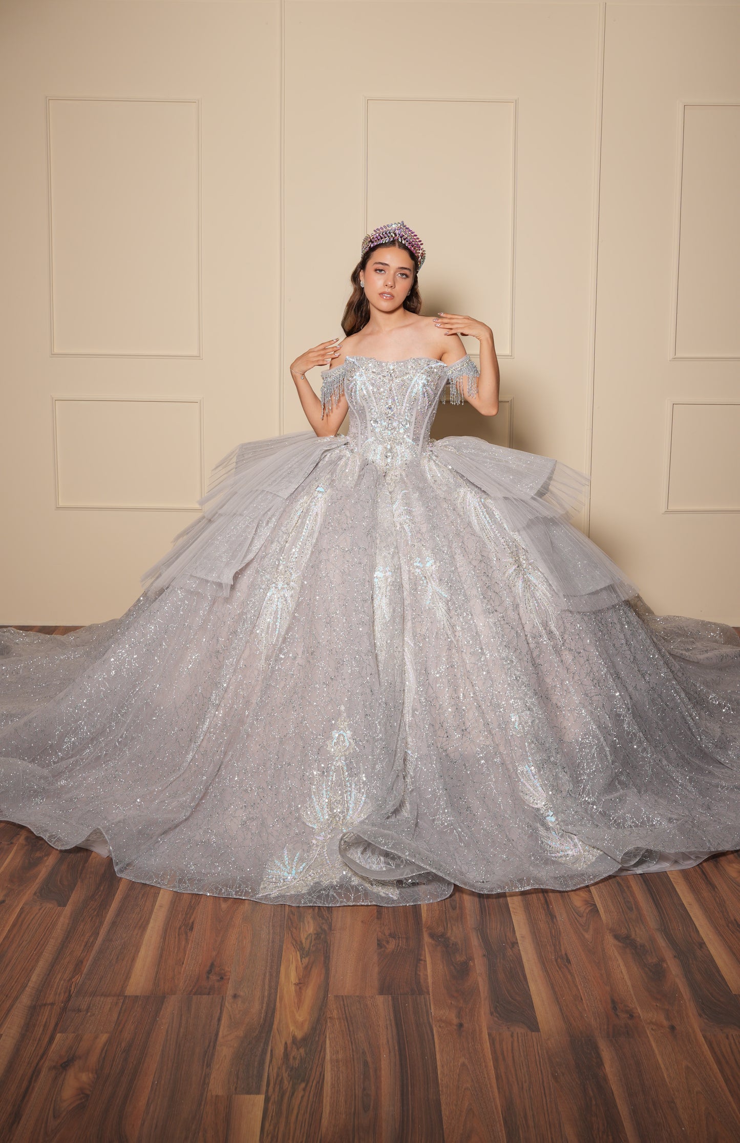 Vestido de XV Años Plateado con Pedrería y Cadenas en Mangas Caídas