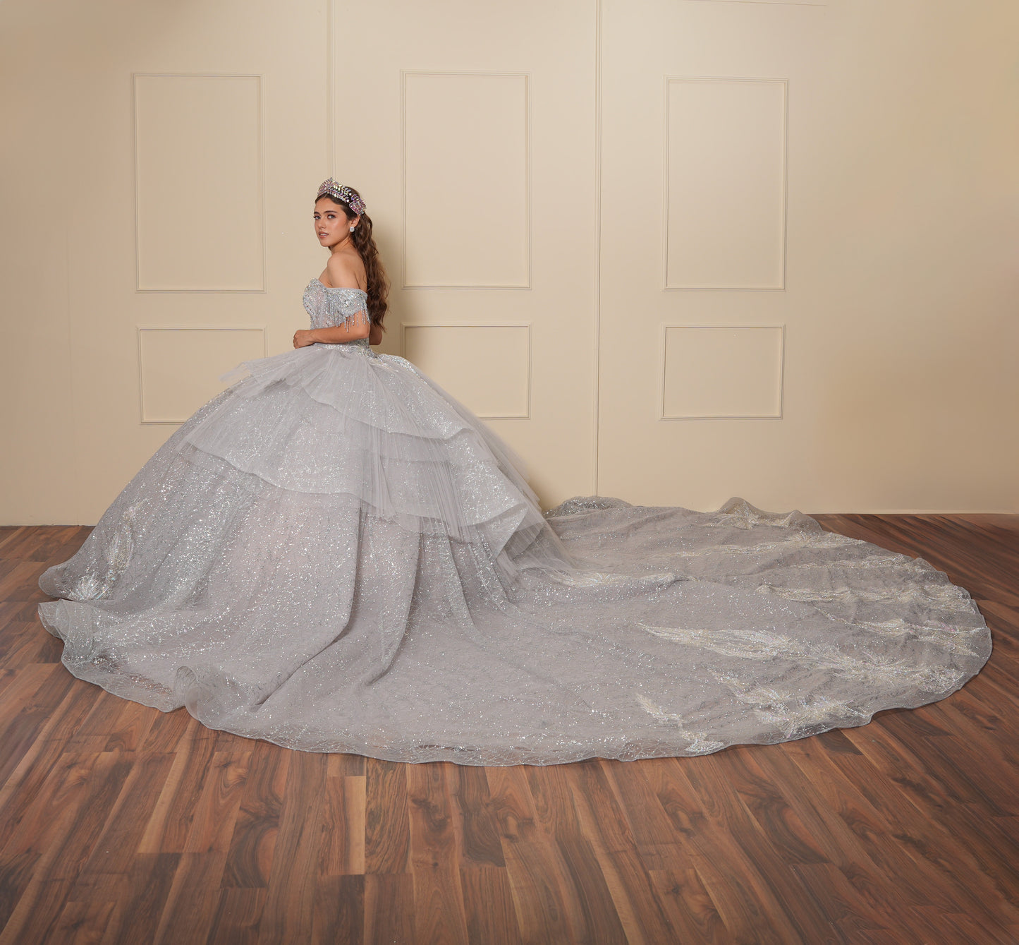 Vestido de XV Años Plateado con Pedrería y Cadenas en Mangas Caídas
