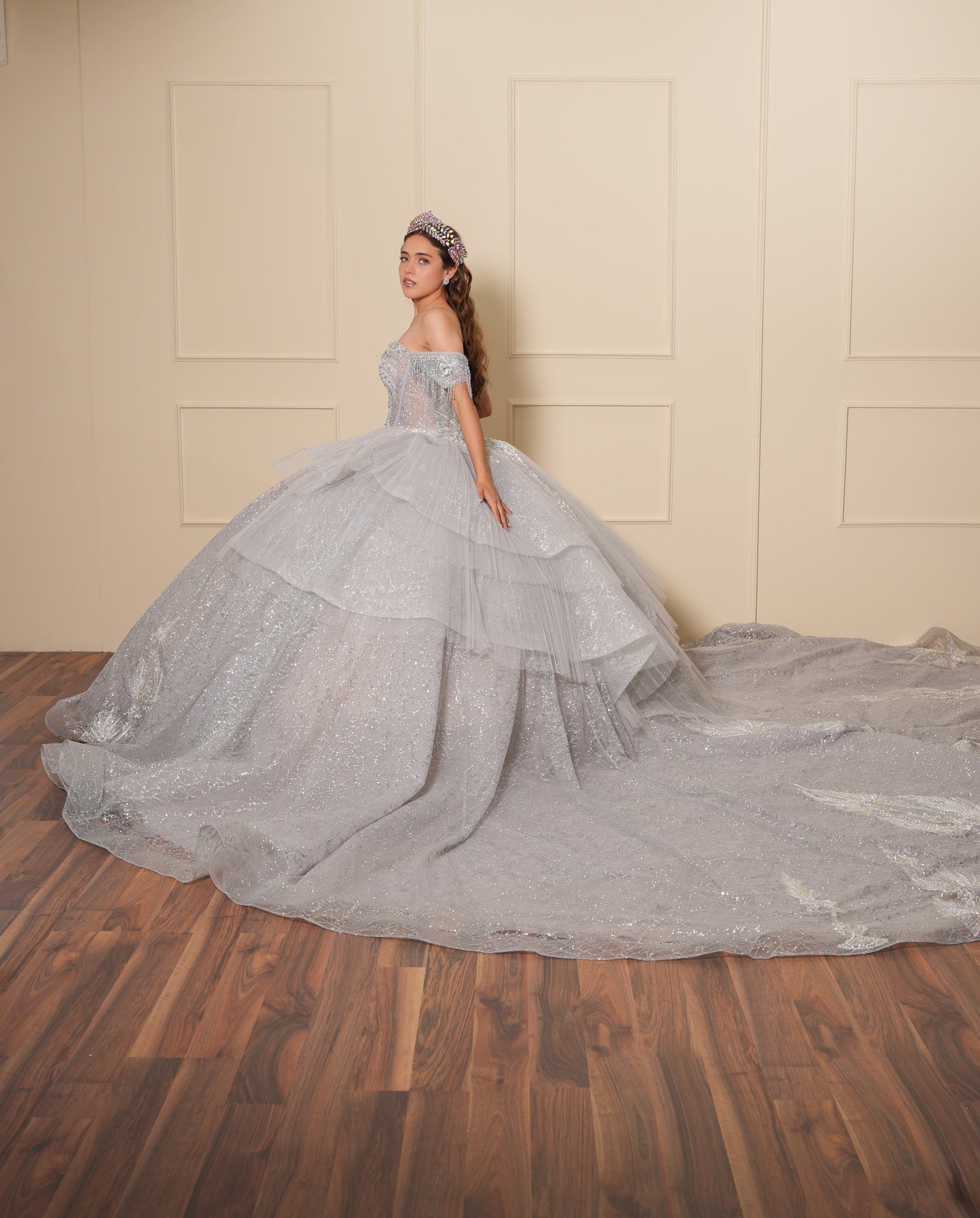 Vestido de XV Años Plateado con Pedrería y Cadenas en Mangas Caídas