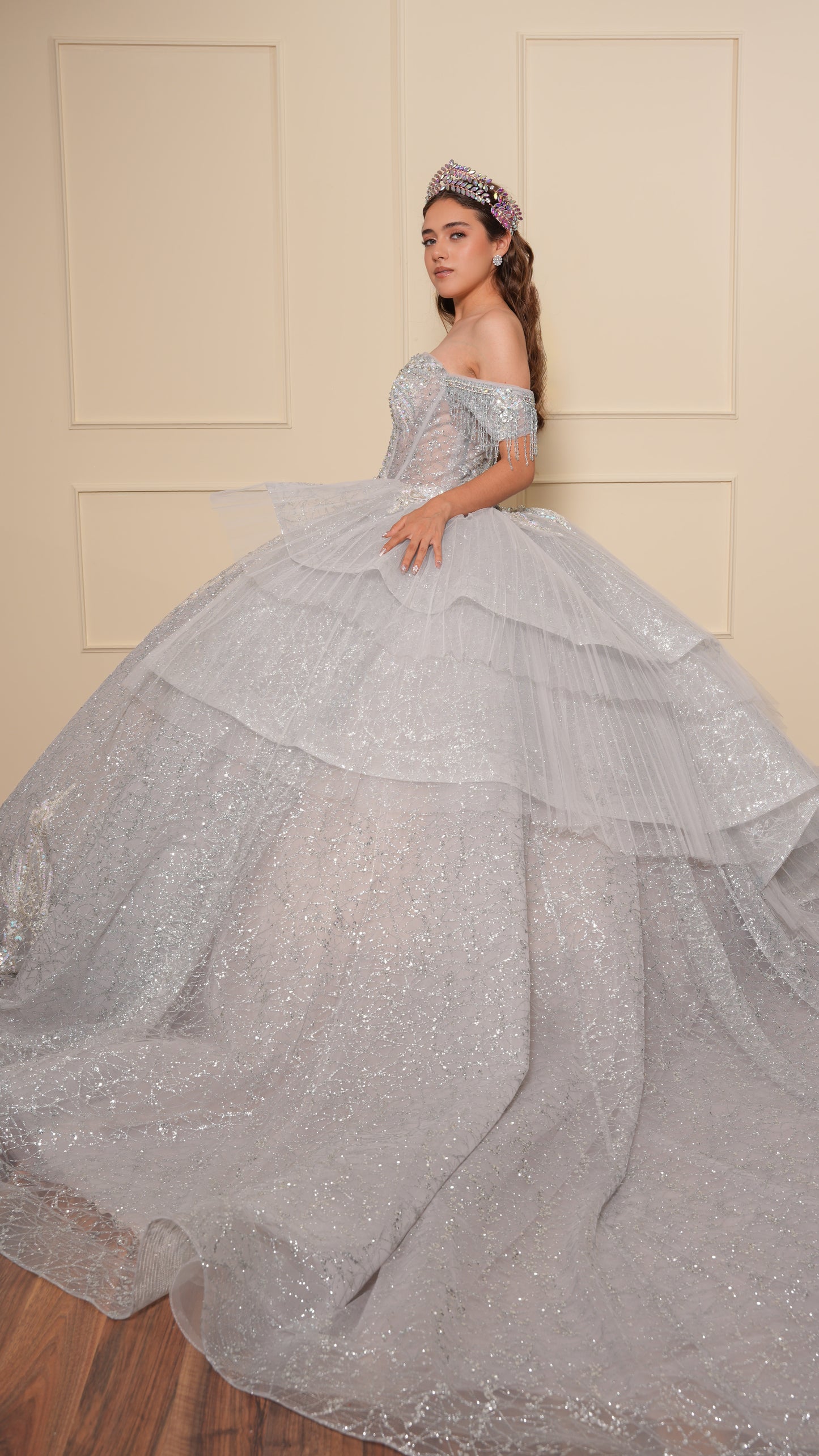 Vestido de XV Años Plateado con Pedrería y Cadenas en Mangas Caídas