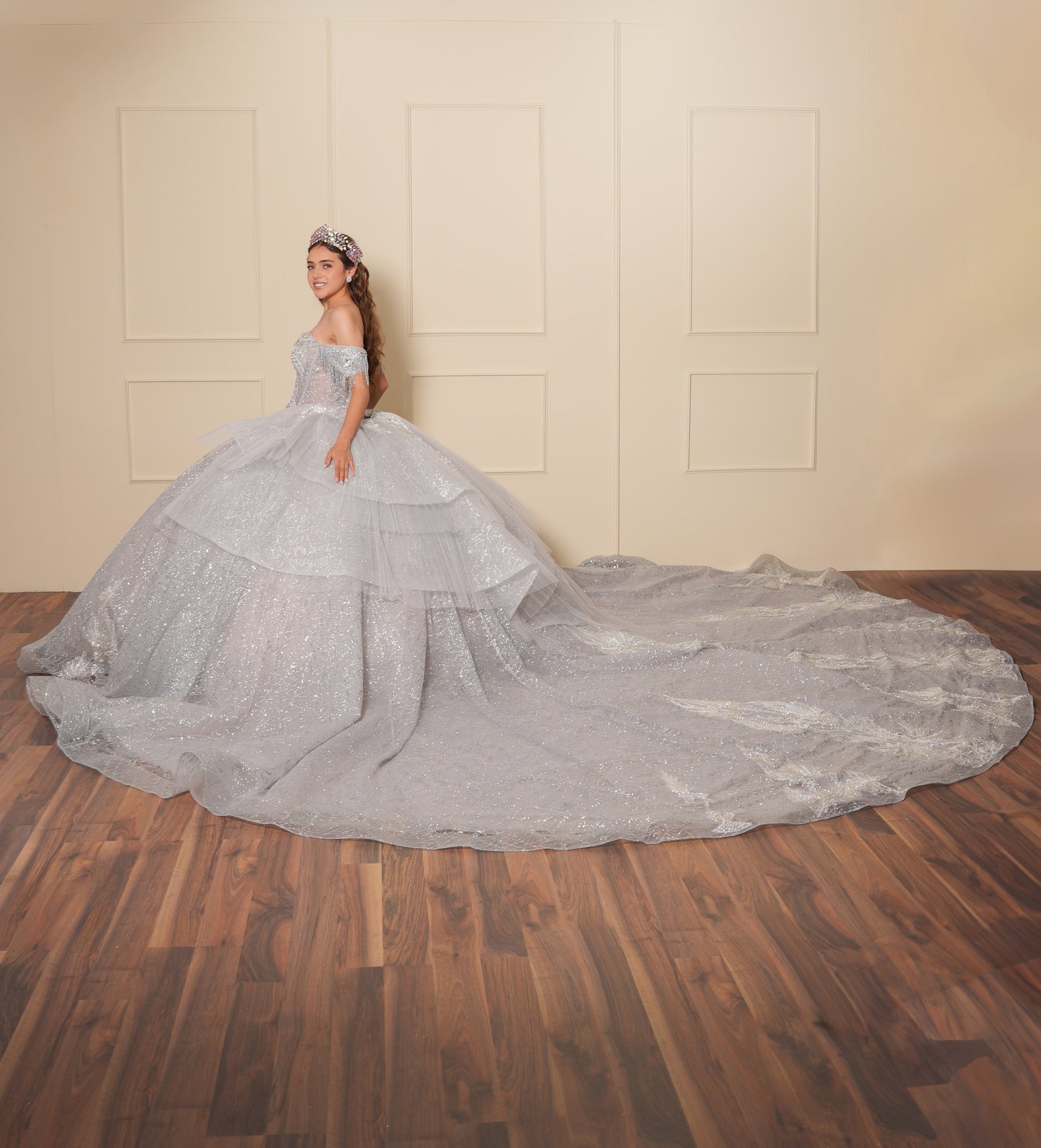 Vestido de XV Años Plateado con Pedrería y Cadenas en Mangas Caídas