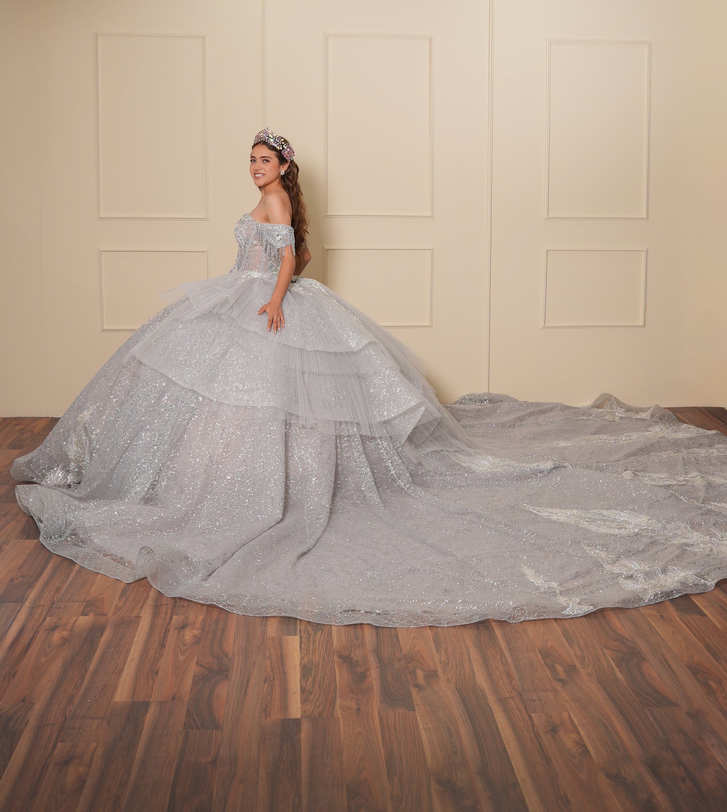 Vestido de XV Años Plateado con Pedrería y Cadenas en Mangas Caídas