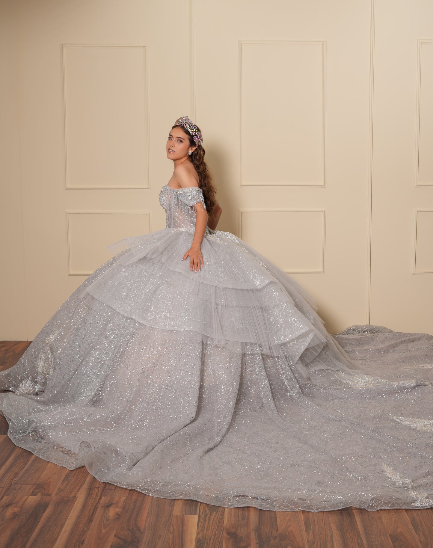 Vestido de XV Años Plateado con Pedrería y Cadenas en Mangas Caídas