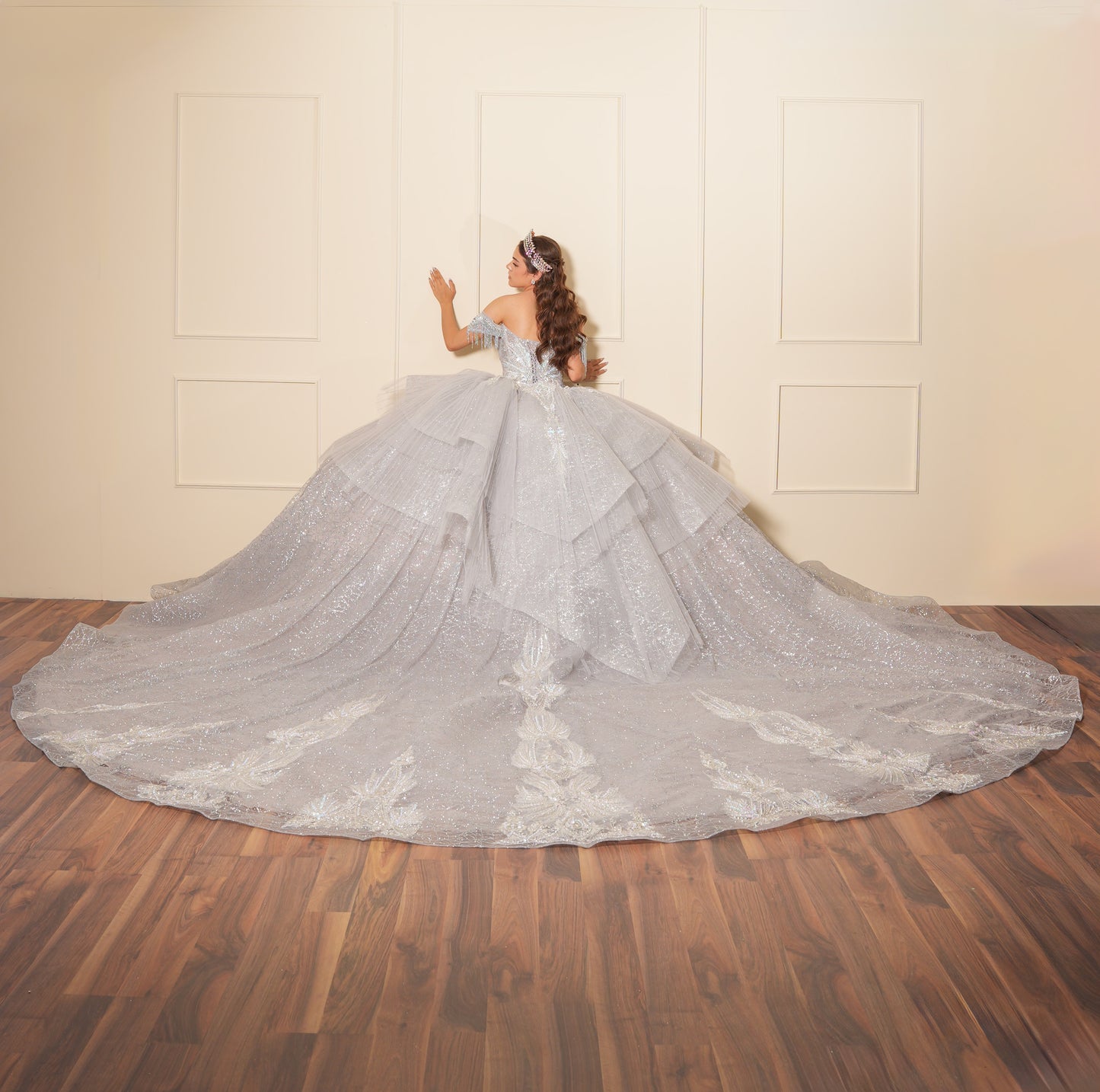Vestido de XV Años Plateado con Pedrería y Cadenas en Mangas Caídas
