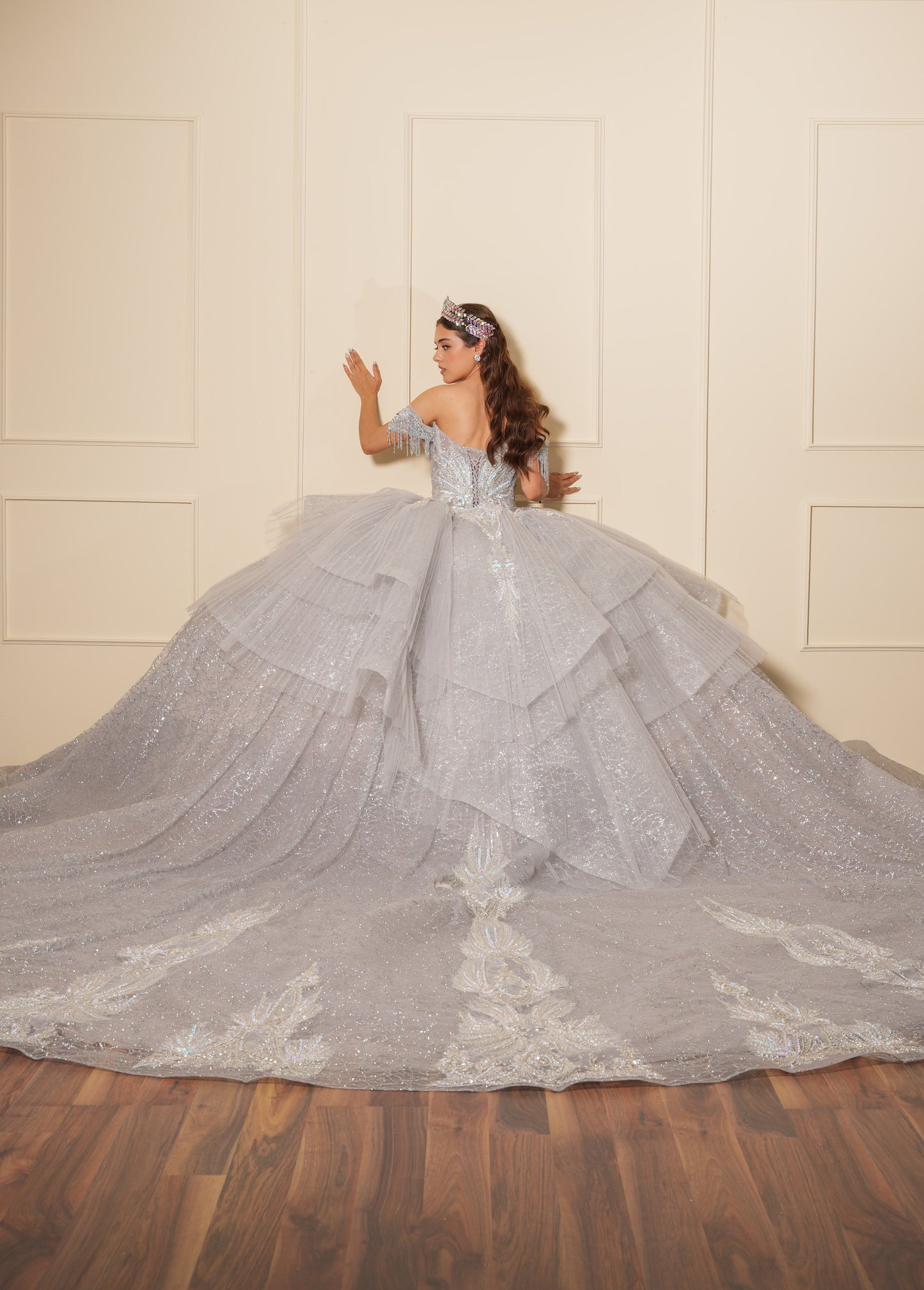 Vestido de XV Años Plateado con Pedrería y Cadenas en Mangas Caídas