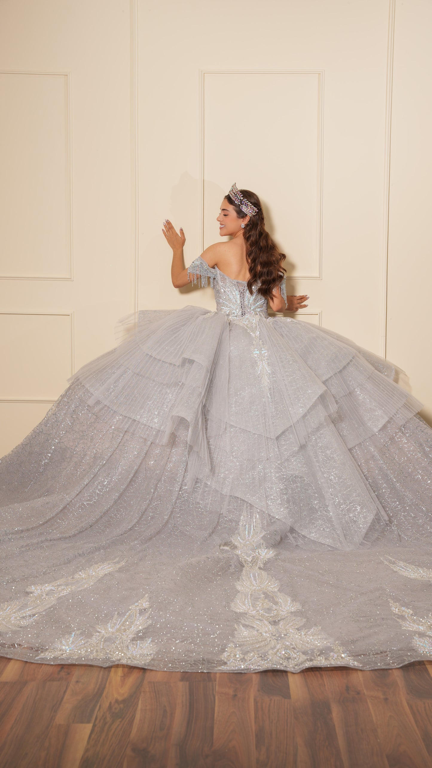 Vestido de XV Años Plateado con Pedrería y Cadenas en Mangas Caídas