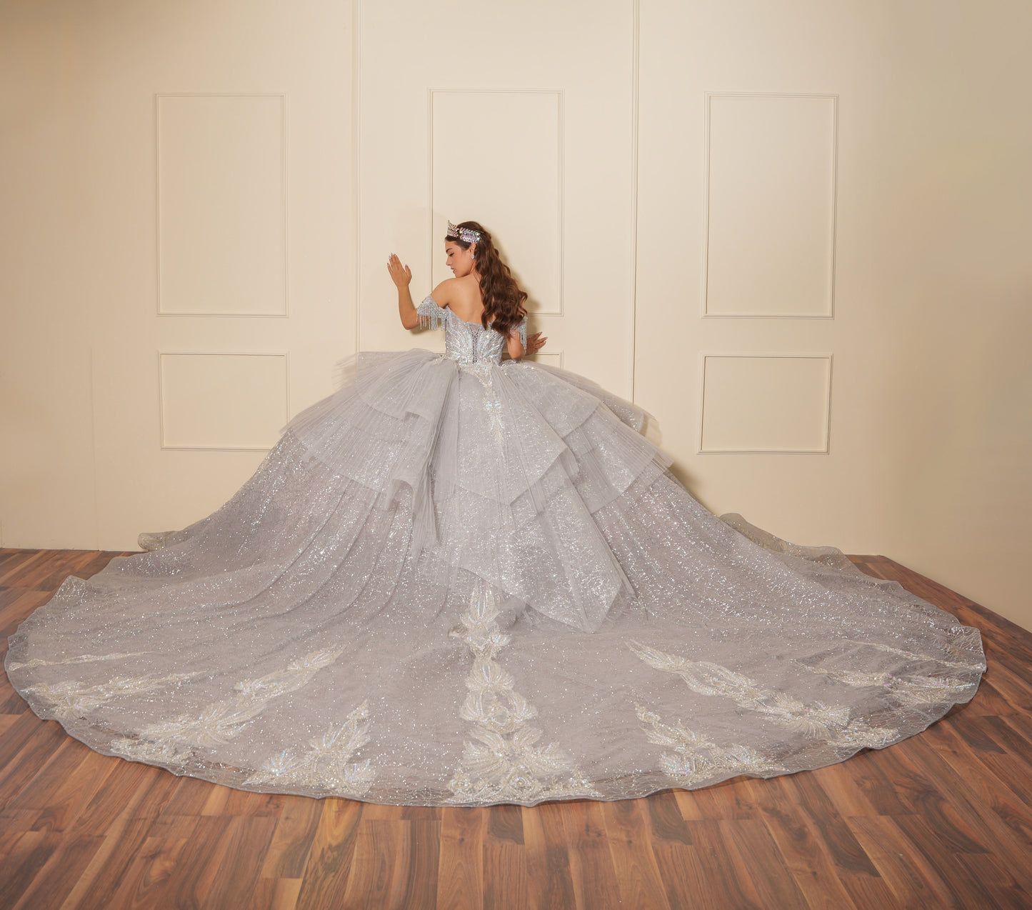 Vestido de XV Años Plateado con Pedrería y Cadenas en Mangas Caídas