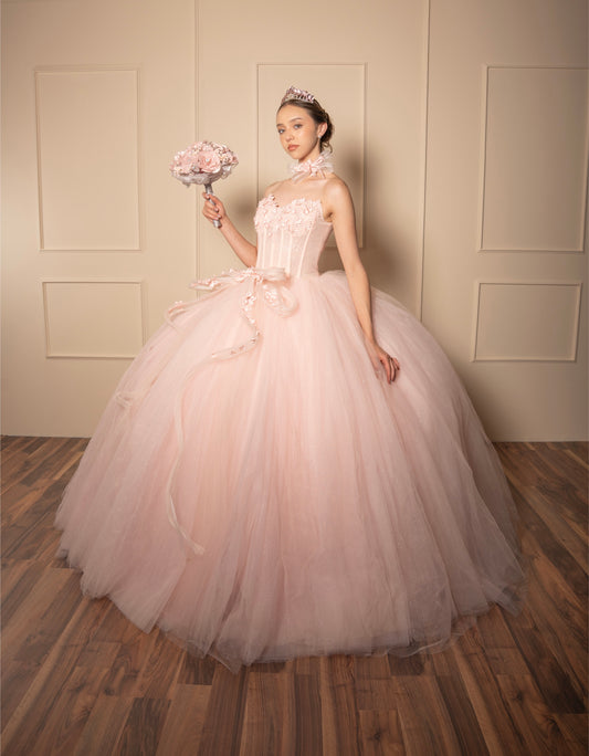 Vestido de XV Años Rosa Baby Moño en Falda y Gargantilla