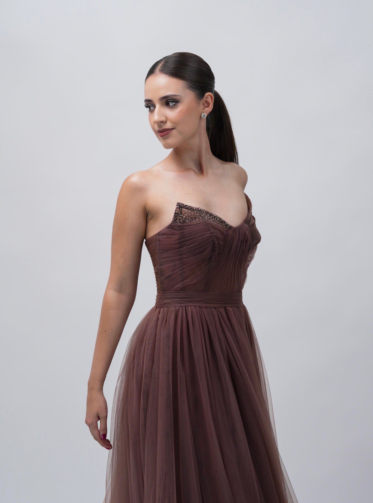 Vestido Cafe Corte Princesa una Manga Caida