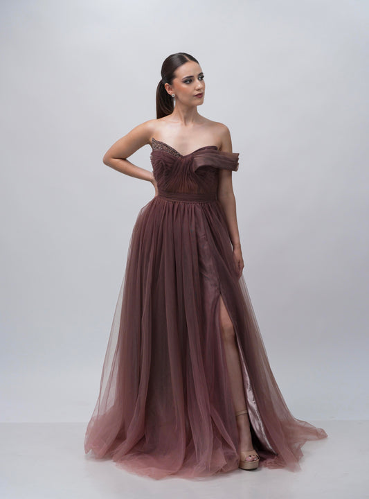 Vestido Cafe Corte Princesa una Manga Caida