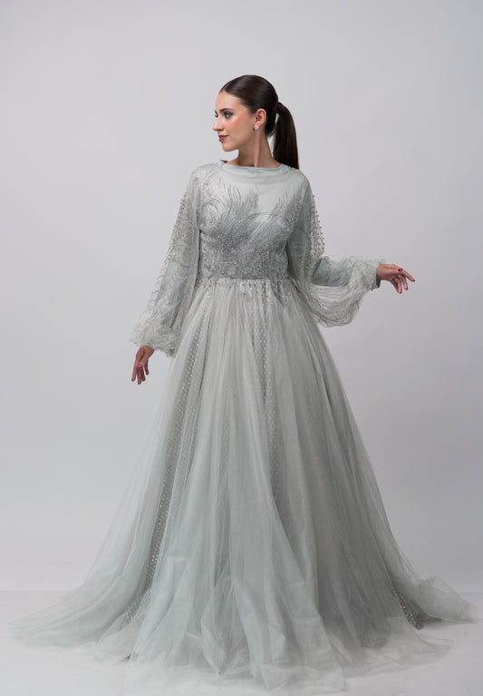 Vestido Plata Corte Princesa Detalle en Abdomen y Manga Larga